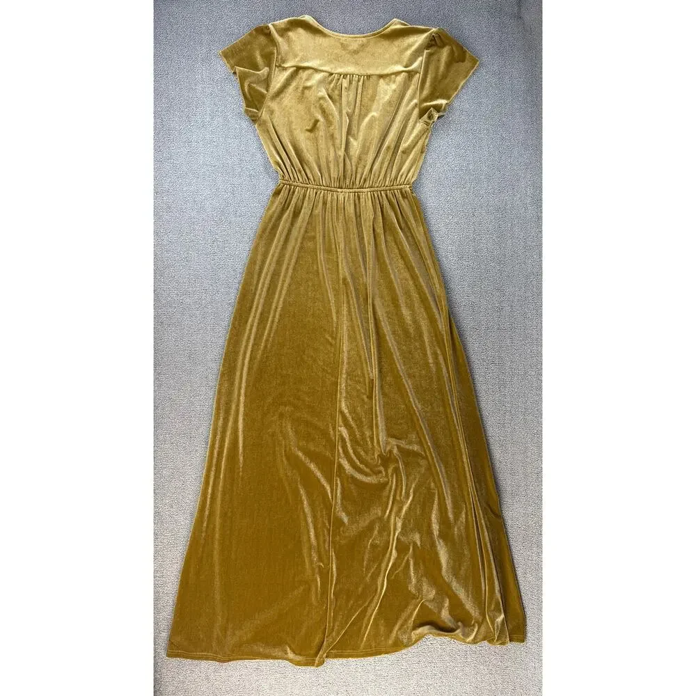 See and Be Seen Velvet Dress Maxi Short Sleeve Holiday Gold Size Small - Picture 2 of 7